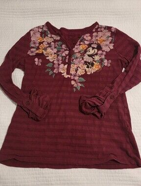 Disney Maroon Minnie Mouse Floral Henley Long Sleeve Top Size M